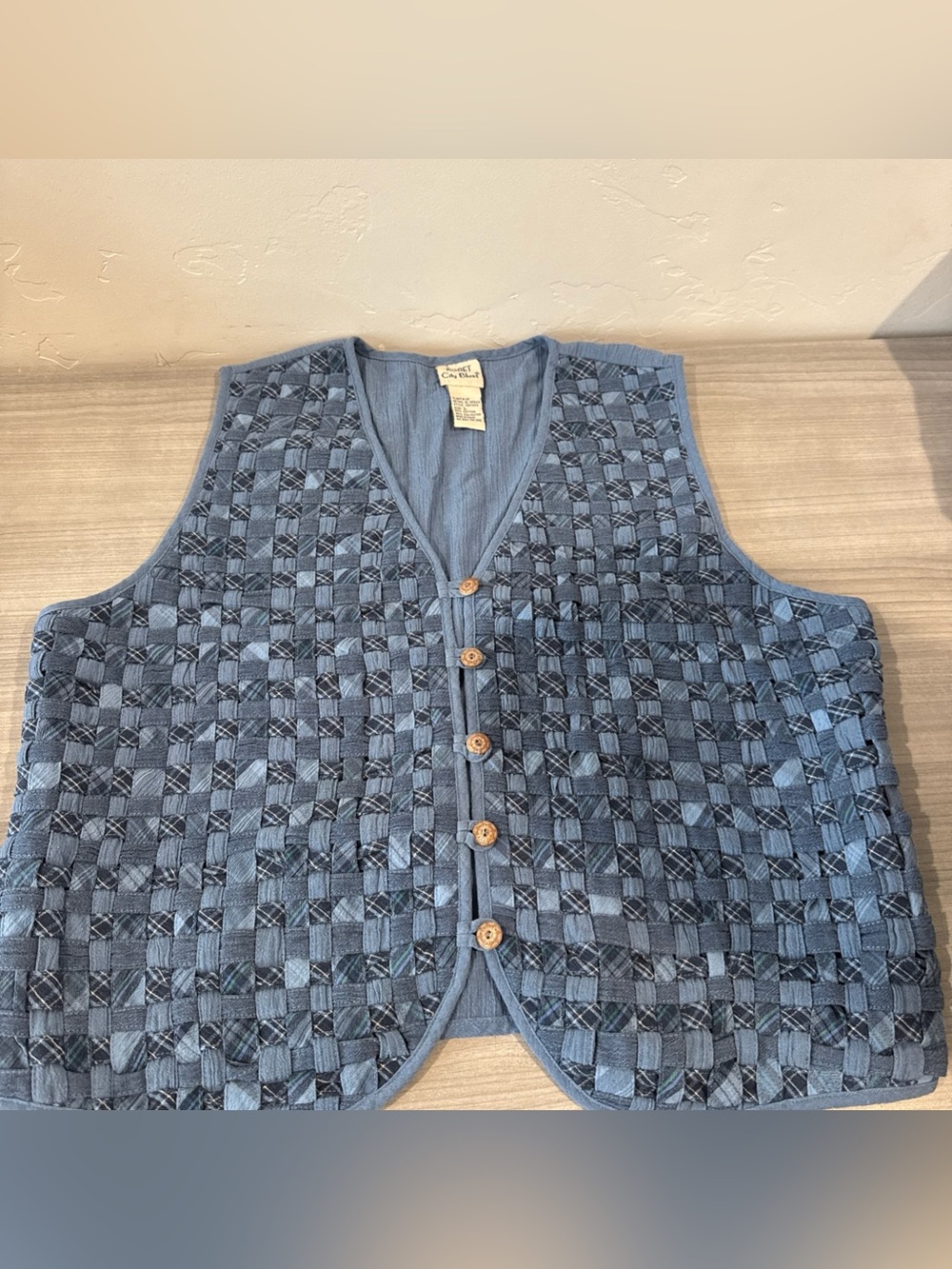 Koret City Blues Vintage Basket Weave Linen Vest Blue Sz Large Y2K Cottagecore